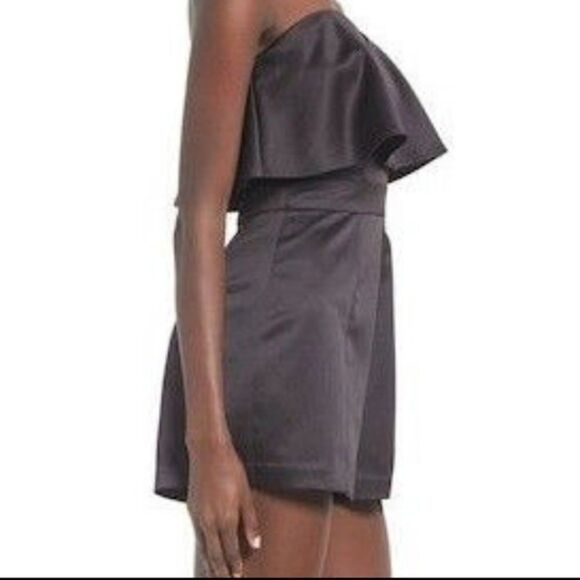 J.o.a. Black Satin Sleeveless Shorts Romper w/Ruffle Neckline NWT Size Small - Picture 3 of 5